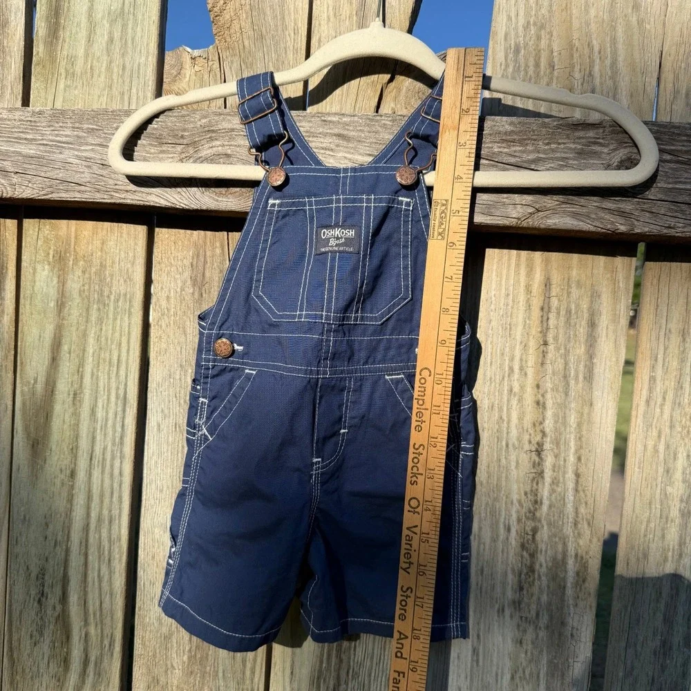 Vintage OshKosh B'gosh Made In USA Blue Canvas Overalls Shorts Snap Inseam